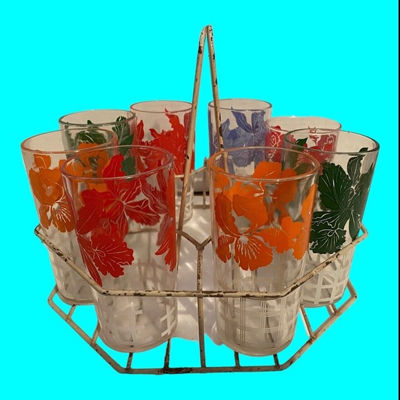 8 Floral Drinking Glasses Wire Caddy 7 Irises Hazel Atlas 1 Rose Libbey Country - Picture 3 of 13